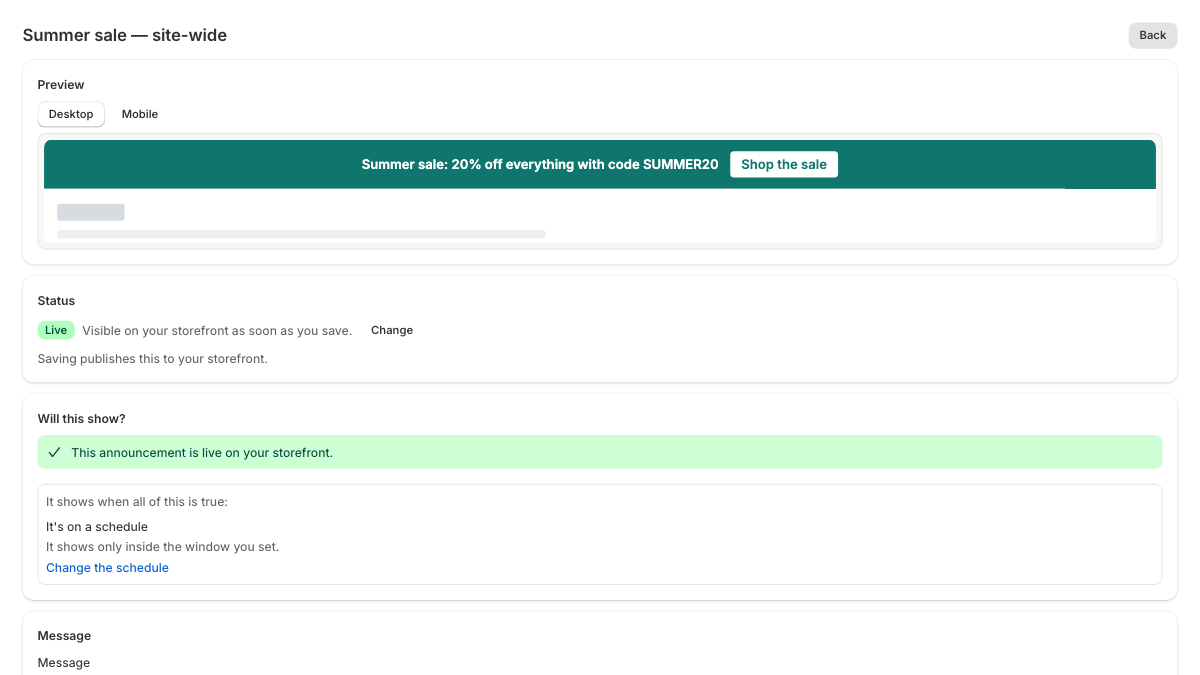 The Barlio editor: across the top, a live preview of a teal “Summer sale: 20% off everything with code SUMMER20” bar with a Shop the sale button; beneath it the Draft, Live and Paused status options with Live chosen, and the start of a “Will this show?” panel.